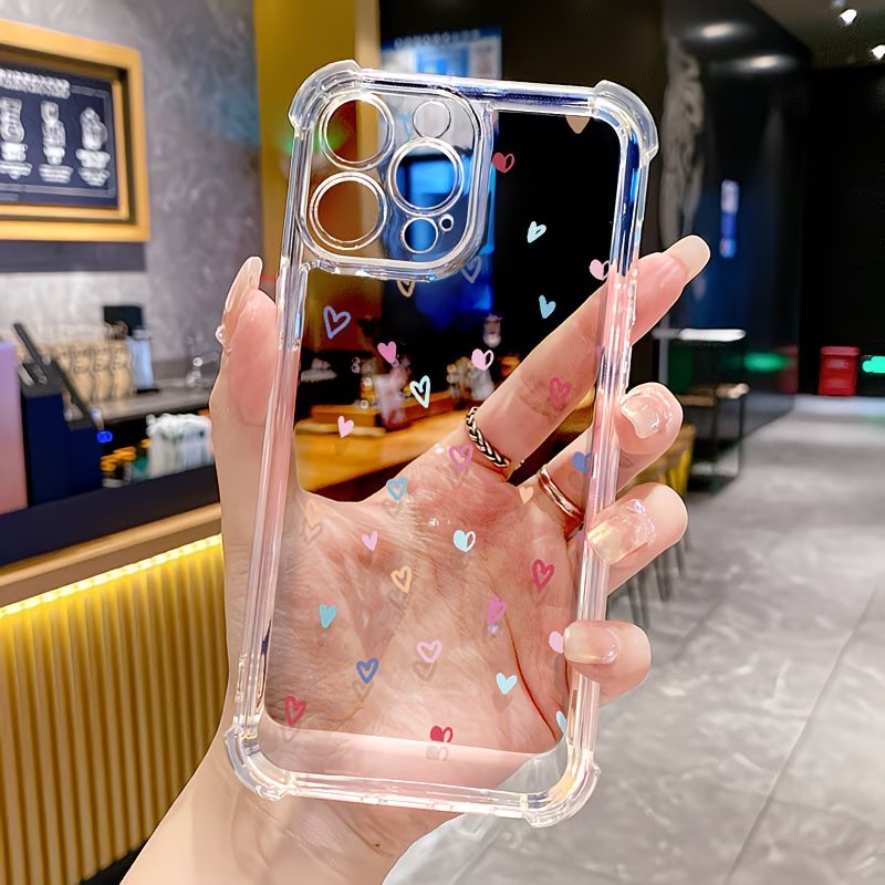 Apple Iphone 15 - Şeffaf Köşeli Tamponlu Renkli Kalpler Telefon